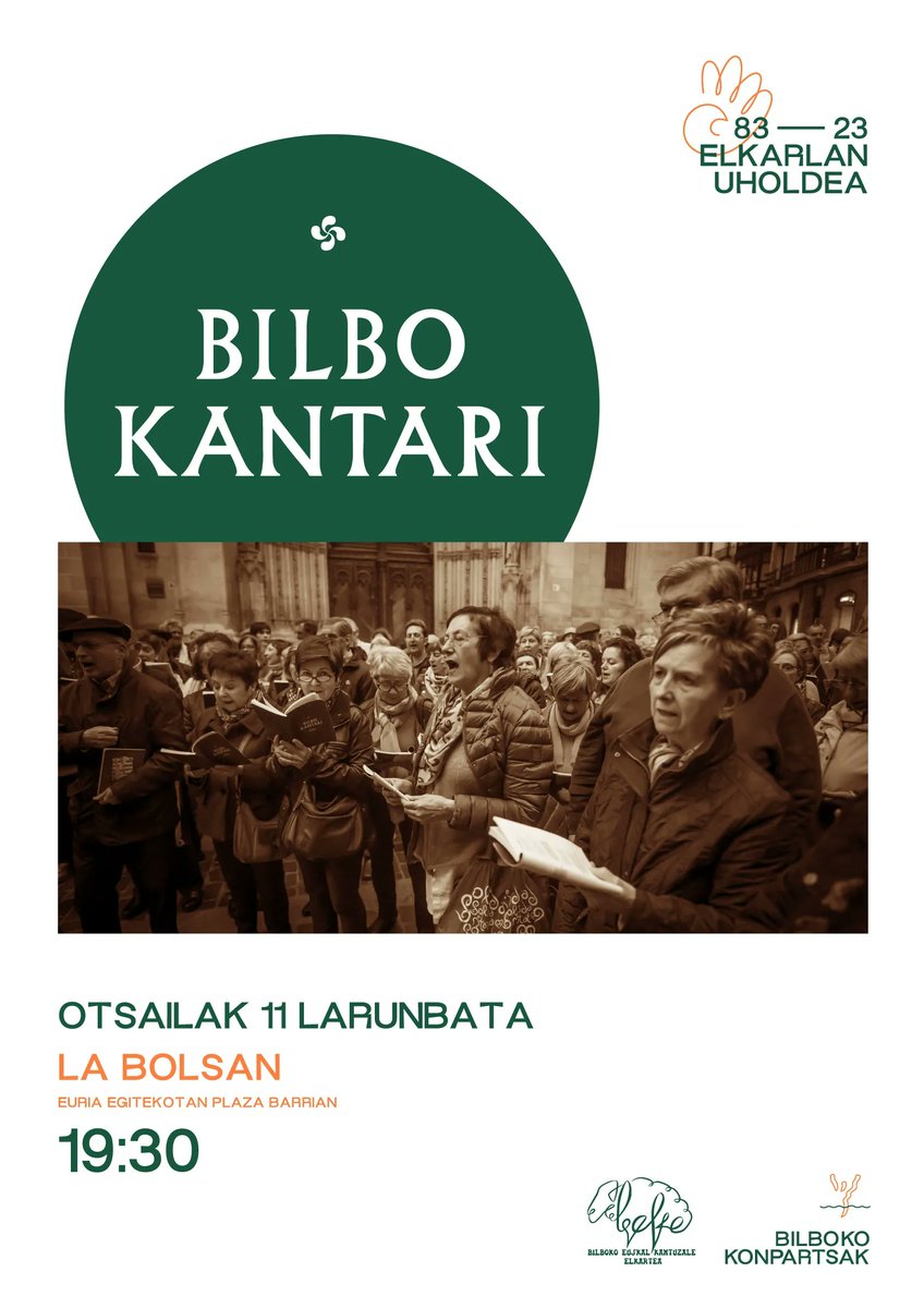 •BILBO KANTARI•

📆Otsailak 11
🕕19.30 tan
📍La Bolsa 

🥁Animatu gurekin batera abestera!

#ElkartasunUholdea
#BilboKantari