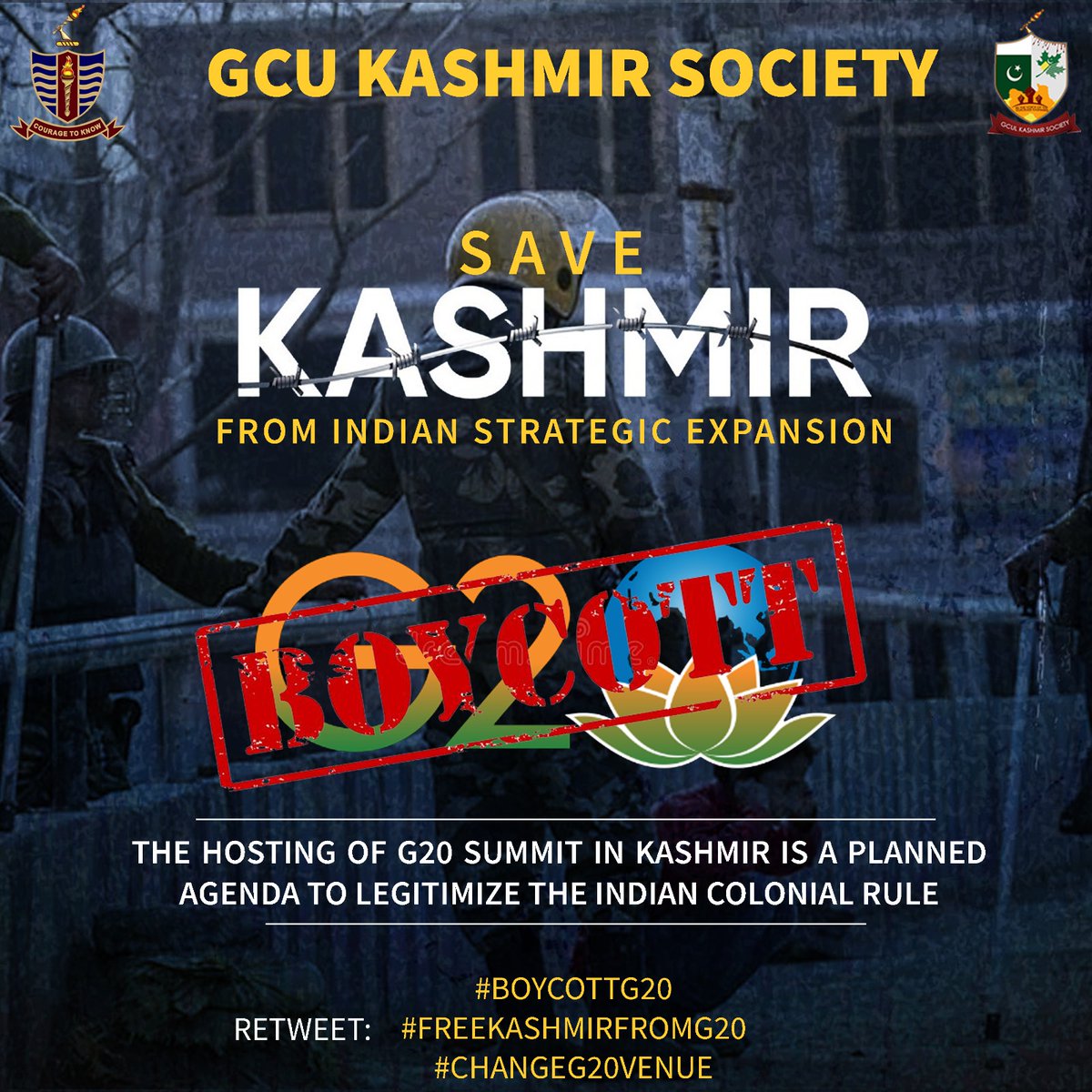 GcuKashmir's tweet photo. India is trying to legitimize its rule in Kashmir through inviting G20 guests in Srinagar.
We request foreign minister of Pakistan @BBhuttoZardari to take this matter to @UN 

#boycottg20 
#changeg20venue 
#freekashmirfromg20 https://t.co/halnuqtgyz