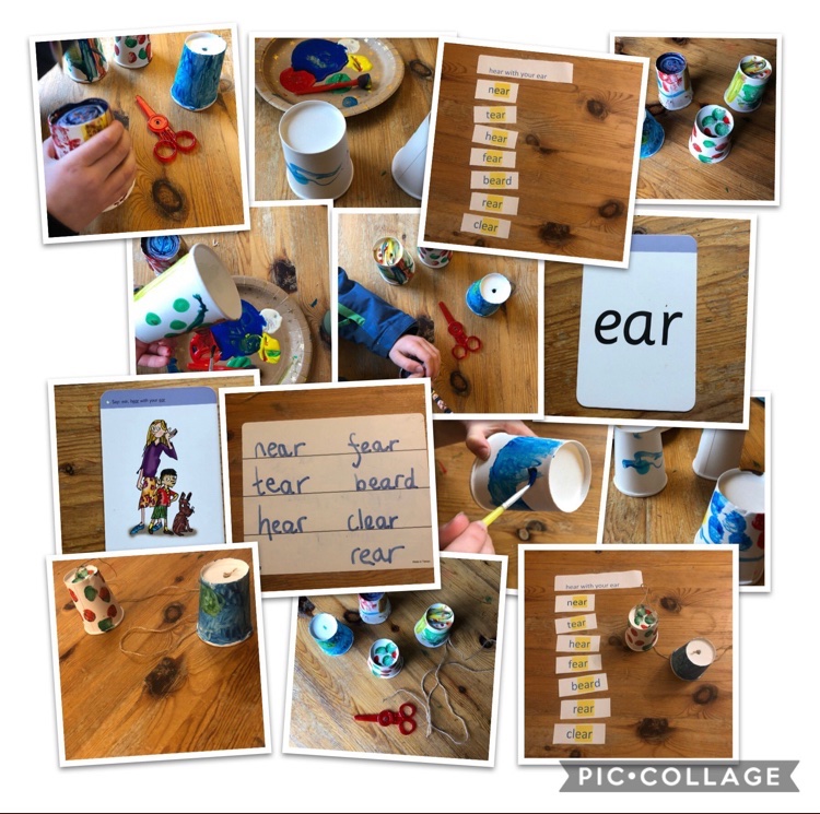 OpyMrs's tweet photo. Another trigraph! Ear as in hear! We are making a cup telephone and then reading and writing words containing ‘ear’ trigraph. Bring bring can you hEAR me? ☎️ #RWI #trigraph #phonics #reading https://t.co/SzPZQ2aU2x