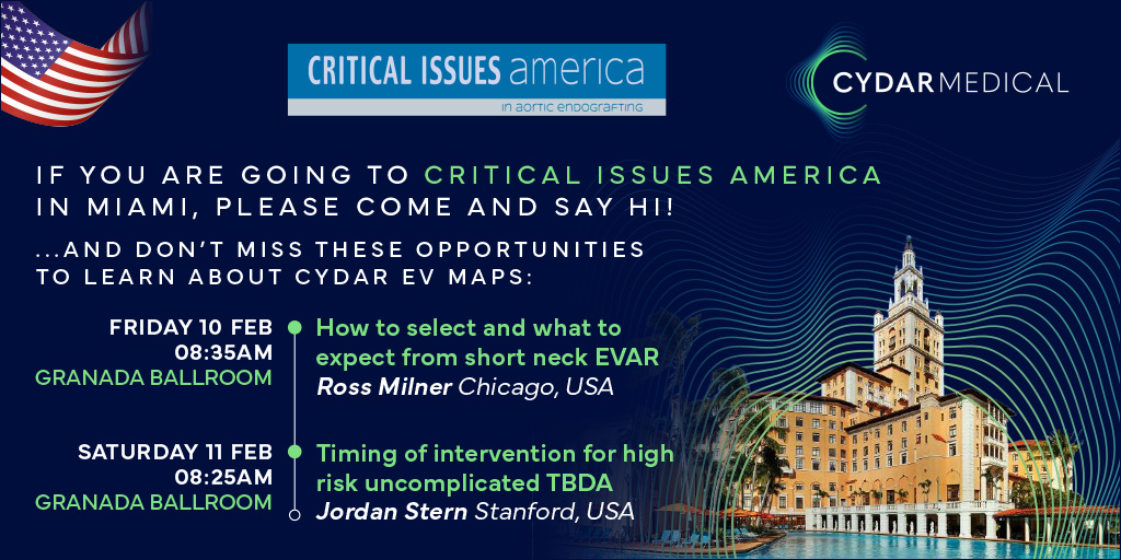 CydarMedical's tweet photo. We will be at Critical Issues America in Aortic Endografting this week!
Come and see Dr Ross Milner and Dr Jordan Stern present on Cydar EV Maps and visit us!
For more info on Cydar EV Maps, get in touch at contact@cydarmedical.com
#Conference2023 #cydarevmaps #healthcare #ai https://t.co/CXZ6N6Uh8B