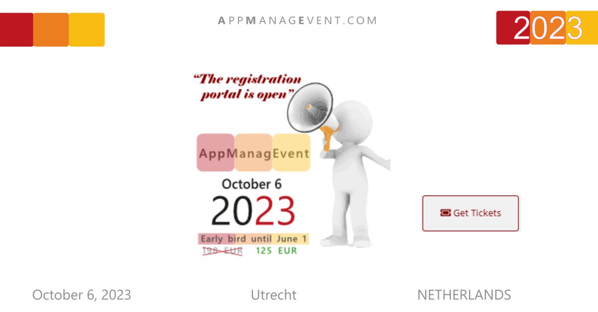 Good news, the registration portal for 2023 is open!
You can purchase your ticket today and benefit from the Early Bird rate until June 1.
What are you waiting for? Check out our NEW AppManagEvent website and make sure you get your Early Bird ticket now >>bit.ly/3jAvPT1