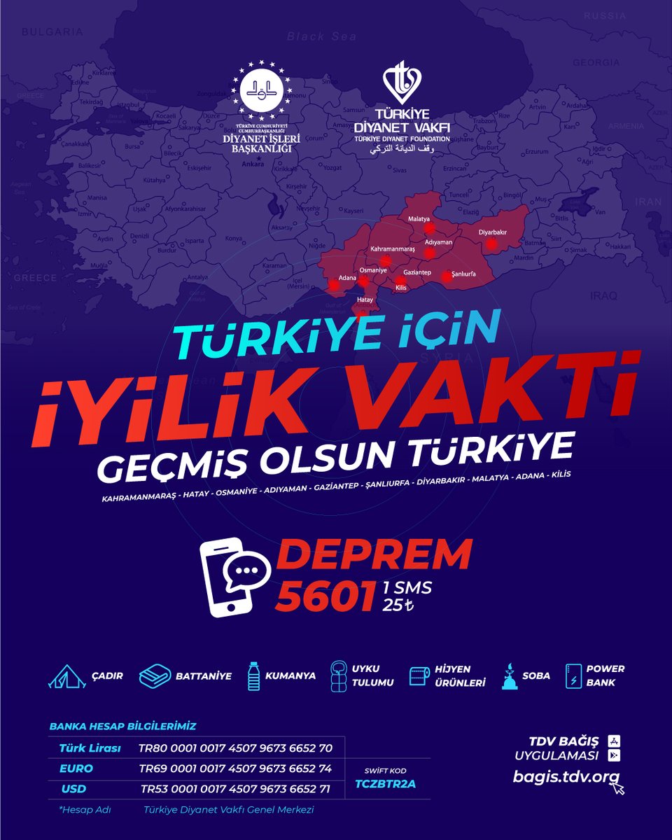 Haydi Türkiye! Şimdi Türkiye için iyilik vakti ve yaraları sarma zamanı…

DEPREM yazıp 5601'e SMS göndererek 25 TL destek verebilir ya da bagis.tdv.org adresinden online bağış yapabilirsiniz.

#TürkiyeİçinİyilikVakti