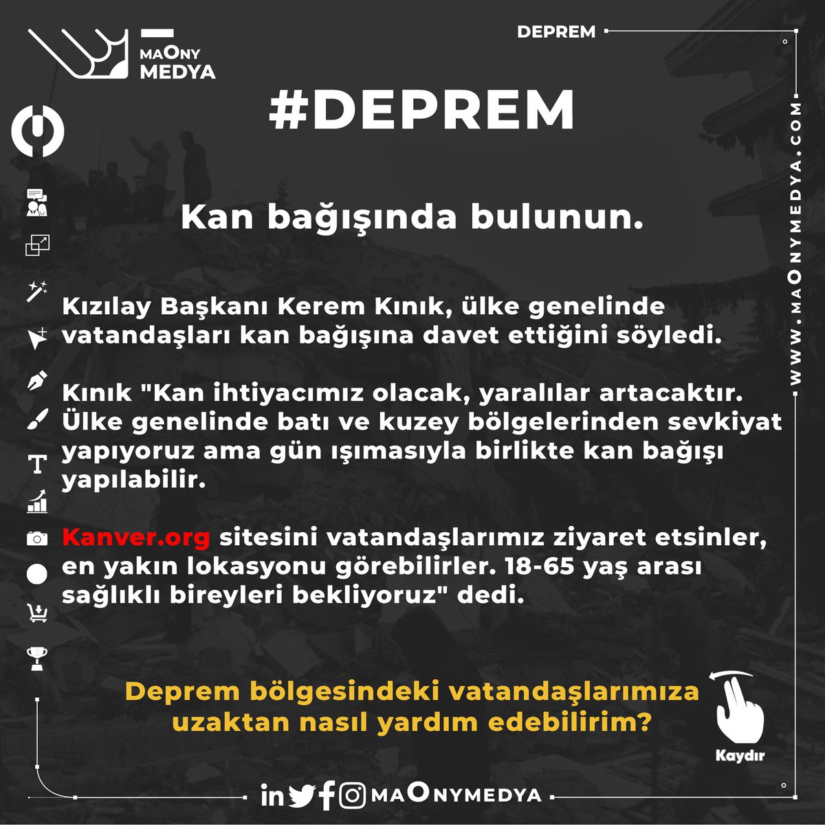 Deprem bölgelerinde olmayan vatandaşlarımız neler yapabilir? Nelere dikkat etmeli?

#Deprem #Kahramanmaraş #Gaziantep #Osmaniye #Kilis #Malatya #Adana #Hatay #Adıyaman #Diyarbakır #Şanlıurfa  #AHBAP #AFET