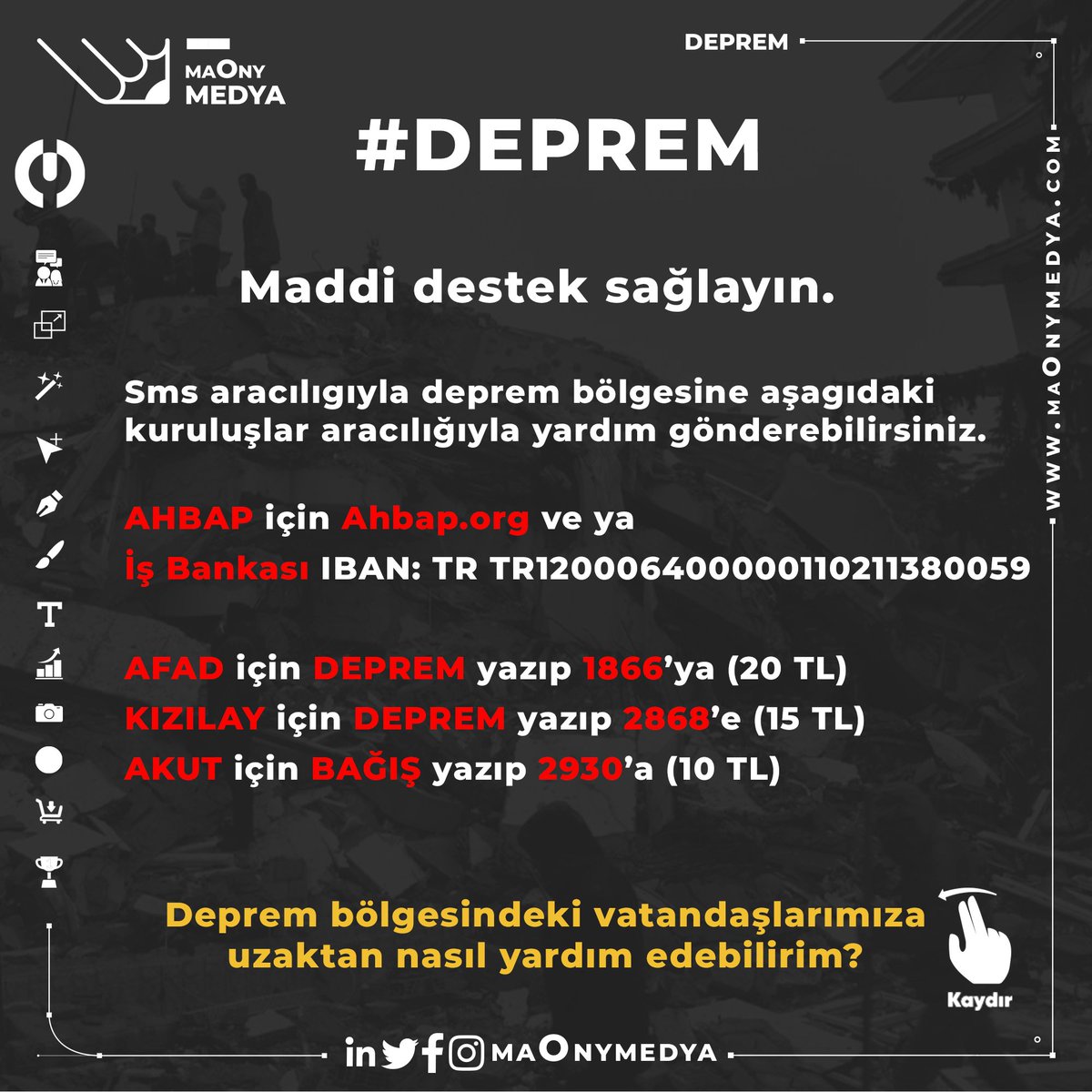 Deprem bölgelerinde olmayan vatandaşlarımız neler yapabilir? Nelere dikkat etmeli?

#Deprem #Kahramanmaraş #Gaziantep #Osmaniye #Kilis #Malatya #Adana #Hatay #Adıyaman #Diyarbakır #Şanlıurfa  #AHBAP #AFET