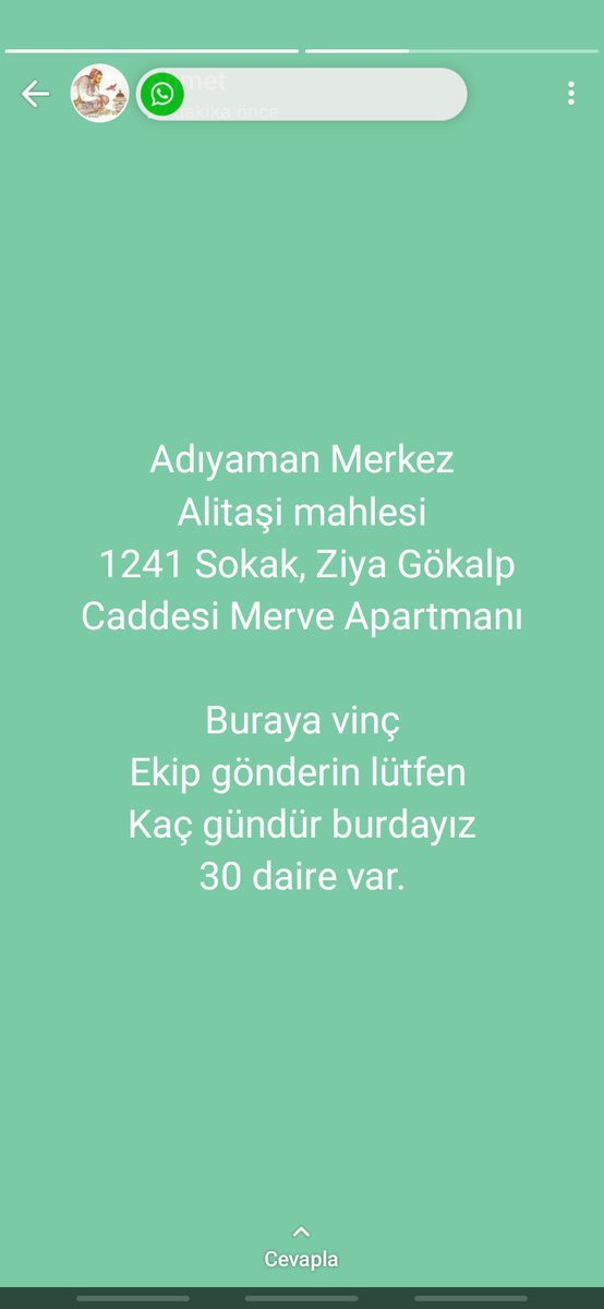 tulaaydnn's tweet photo. @hvv_gul @OguzhanUgur ADIYAMAN ALİTAŞI MAH. ZİYA GÖKALP CAD. ŞOK MARKET KARŞISI MERVE APRT. ÖNÜ
YARDIMM BEKLİYOORUUUUZZ📌📌

@AFADBaskanlik 
@AFADAdiyaman 
@AdiyamanBelTR 
@haluklevent 
@RTErdogan 
@BabalaTv 
@OguzhanUgur https://t.co/wD6NTbicnf