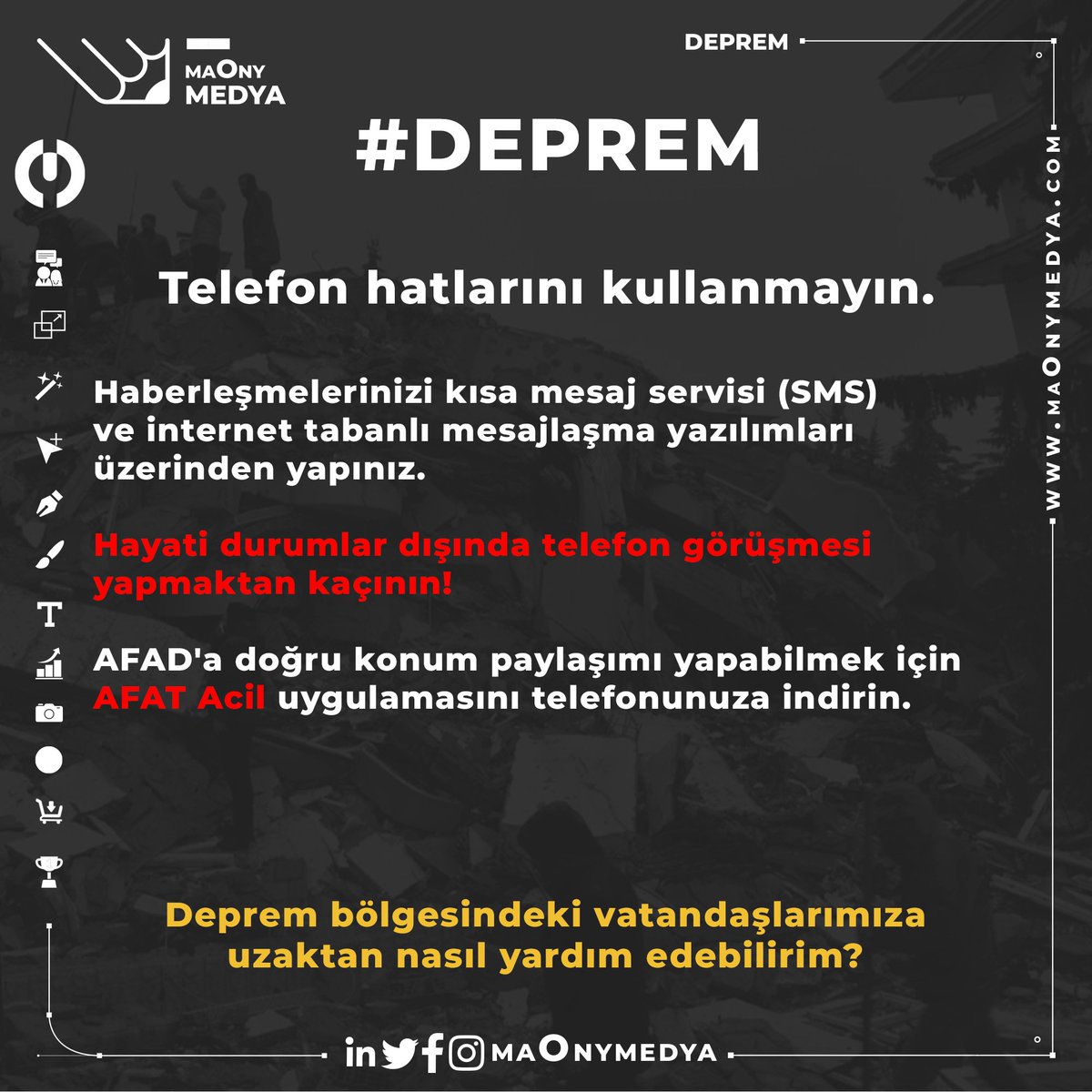 Deprem bölgelerinde olmayan vatandaşlarımız neler yapabilir? Nelere dikkat etmeli?

#Deprem #Kahramanmaraş #Gaziantep #Osmaniye #Kilis #Malatya #Adana #Hatay #Adıyaman #Diyarbakır #Şanlıurfa  #AHBAP #AFET