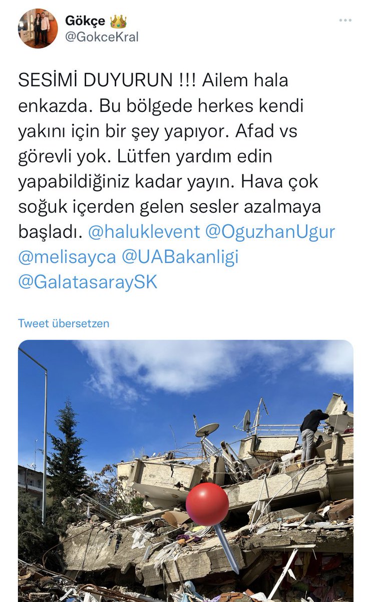 elifkrsl's tweet photo. @AdemMetan SES VAR HALA !
Arkadaşımın annesi babası göçük altında LÜTFEN YARDIM EDİN ….

HATAY / ANTAKYA 
AKEVLER MAHALLESİ, BETONSAN SİTESİ, MERTKAN APARTMANI (ipek düğün salonu yanı) https://t.co/OwfIrywKzk