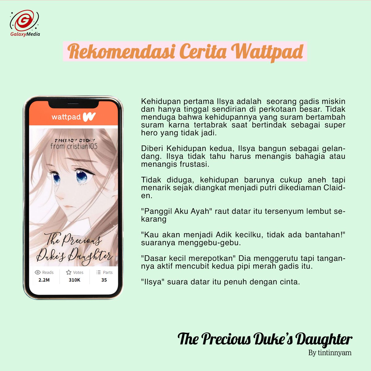 Rekomendasi Cerita Wattpad

The Precious Duke's Daughter by @kristianindr_

Ada yang baca Wattpad ini juga? 😍
Komen dibawah ya tentang wattpad satu ini, dan tag juga temen kalian 🥰

#Wattpad #WattersWorld #wattpadstories #wattpadmenfess