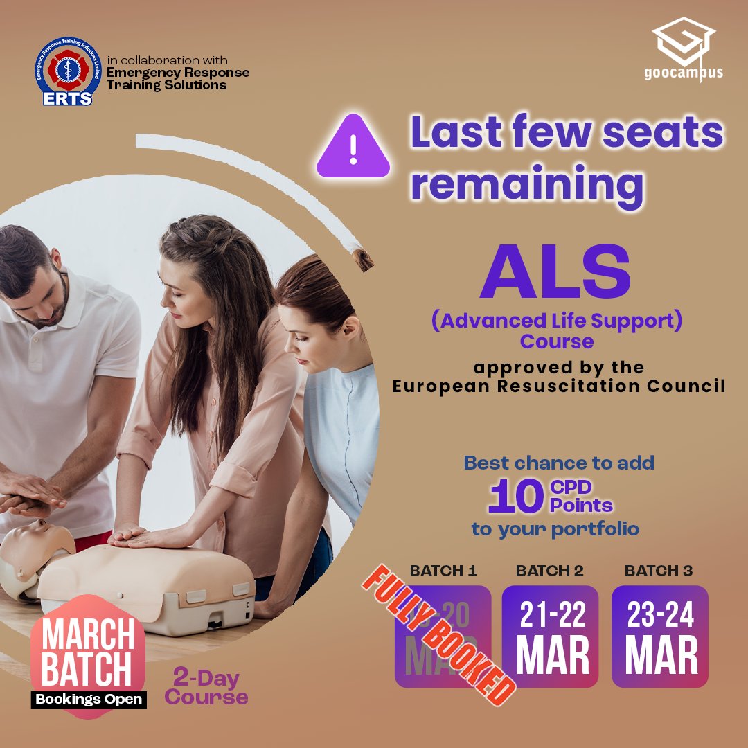 goocampus_in's tweet image. Hurry Up!!
Only few seats remaining for the upcoming ERC approved ALS course.
 ⚠️Last day to register is Sunday 12th February 2023. ⚠️
Link to register: app.fillout.com/t/rAiWB2o4Wvus
#als #alscourse #goocampus #GooCampus #ercapproved #alstraining