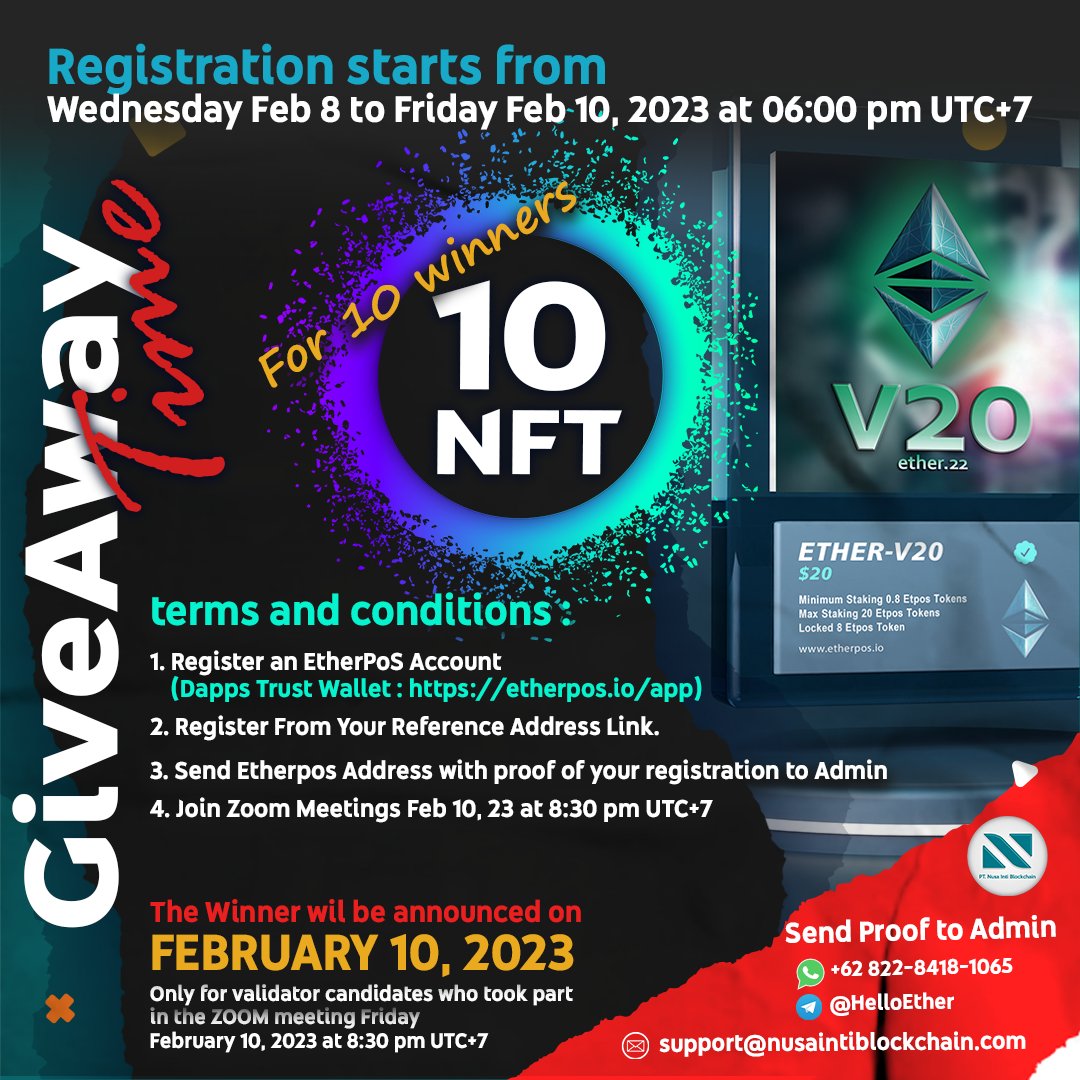 GiveAway Will Be Announced At The End Of Zoom Meet &amp; Shared With Prospective Validators Present On Zoom On Friday Feb 10, 2023 At 08:30 UTC+7

Open Dapps browser paste link etherpos.io/app/
Connect wallet
Click continue and accept
You have successfully registered