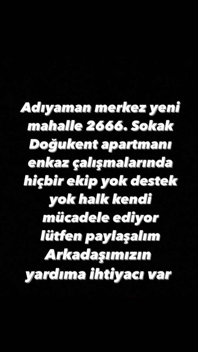 Adıyaman da acil yardım bekliyorlar #deprem #adiyamandeprem <a href="/AFADBaskanlik/">AFAD</a> <a href="/ahbap/">Ahbap</a> <a href="/OguzhanUgur/">Oğuzhan Uğur</a>