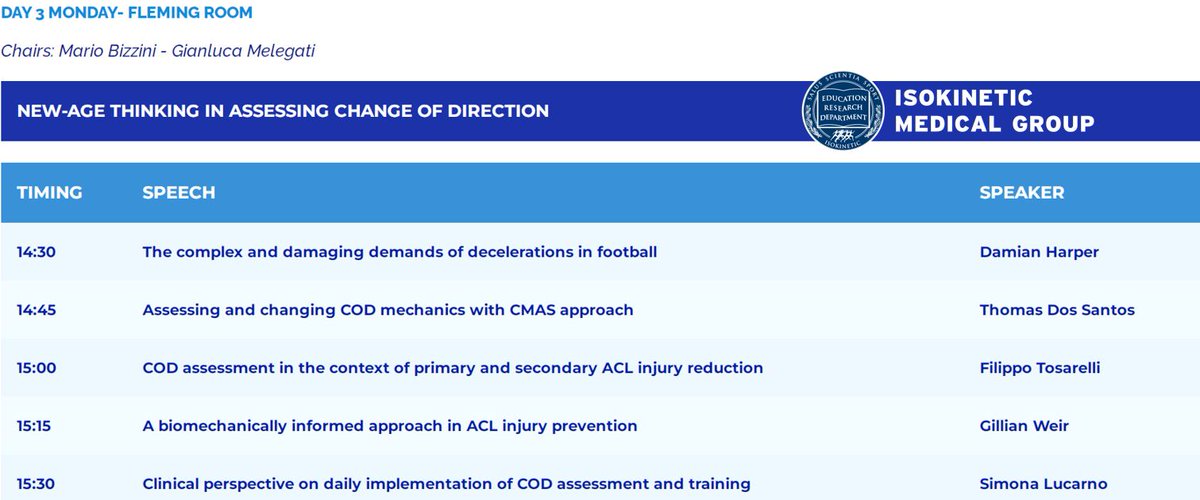 Isokinetic Conference (@footballmed) on Twitter photo Are you ready for this monday session ❓New-age thinking in assessing Change of Direction!
✅decelerations
✅CMAS approach
✅ACL injury reduction
✅biomechanics
✅COD assessment after ACL injury
<a href="/MarioBizzini/">Mario Bizzini</a> <a href="/SportfisioSwiss/">Sportfisio Swiss</a> <a href="/DHMov/">Damian Harper, PhD</a> <a href="/TomDosSantos91/">Tom Dos'Santos</a> <a href="/F__Tosarelli/">Filippo Tosarelli</a> <a href="/gillian_weir_/">Gillian Weir</a> Are you ready for this monday session ❓New-age thinking in assessing Change of Direction!
✅decelerations
✅CMAS approach
✅ACL injury reduction
✅biomechanics
✅COD assessment after ACL injury
<a href="/MarioBizzini/">Mario Bizzini</a> <a href="/SportfisioSwiss/">Sportfisio Swiss</a> <a href="/DHMov/">Damian Harper, PhD</a> <a href="/TomDosSantos91/">Tom Dos'Santos</a> <a href="/F__Tosarelli/">Filippo Tosarelli</a> <a href="/gillian_weir_/">Gillian Weir</a>