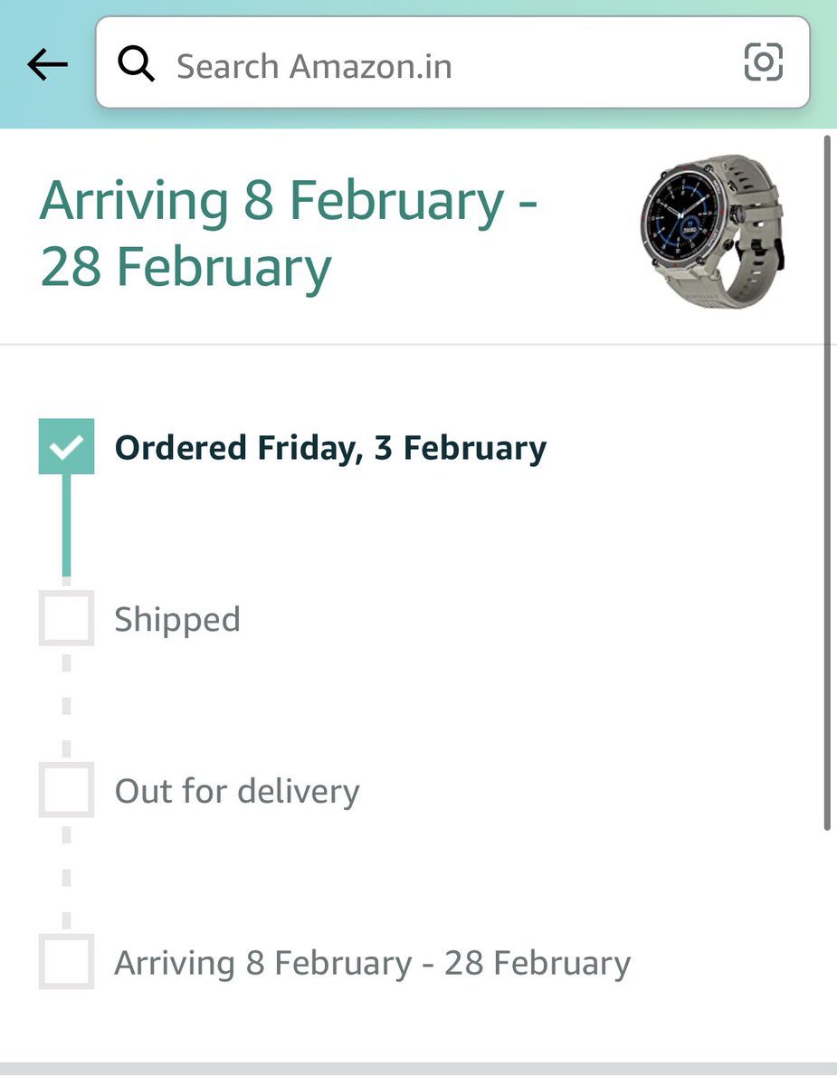 itskb28's tweet photo. @amazonIN @amazonIN and @gonoise what kind of joke is this it was supposed to be delivered on 6th Feb and now it’s showing in between 8th to 28th Feb. 

if you don’t have stock why didn’t stop the purchase for the NoiseFit Force Rugged 
#gonoise #NoiseFitForce https://t.co/YjSS3L3ChO