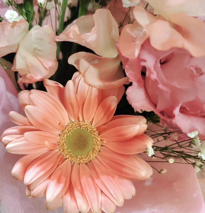 たまに職場近くにくる移動お花やさんがちょっと痛みはじめたお花をリーズナブルな価格でブーケにしてくれるというので白とピンクでつくってもらった…愛に包まれてくれゆじ……… 