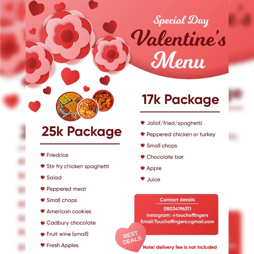 FeyiAdesanya's tweet photo. Order a special food pack for your #val from TOUCH OF FINGERS and get with it a free copy of my best selling book #HowToChangeYourLife . Hurry up, limited copies available
#Valentine #Love #Food #Lagos https://t.co/uXxtzeVEws