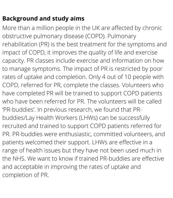ISRCTN's tweet image. Improving completion of pulmonary rehabilitation with PR-buddies. The IMPROVE study registered on #ISRCTN by @IMPROVEcopd

isrctn.com/ISRCTN12658458 

#clinicaltrials
