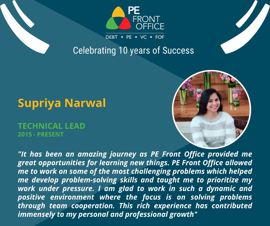 pefrontoffice's tweet photo. As we celebrate 10 years of success, we acknowledge all our employees who have been a pillar of strength for us. This month, we’ll bring out the journeys of some of our tenured employees in their own words. In this post, Supriya Narwal (Technical Lead) shares her experience. https://t.co/9XwyDPfDFp