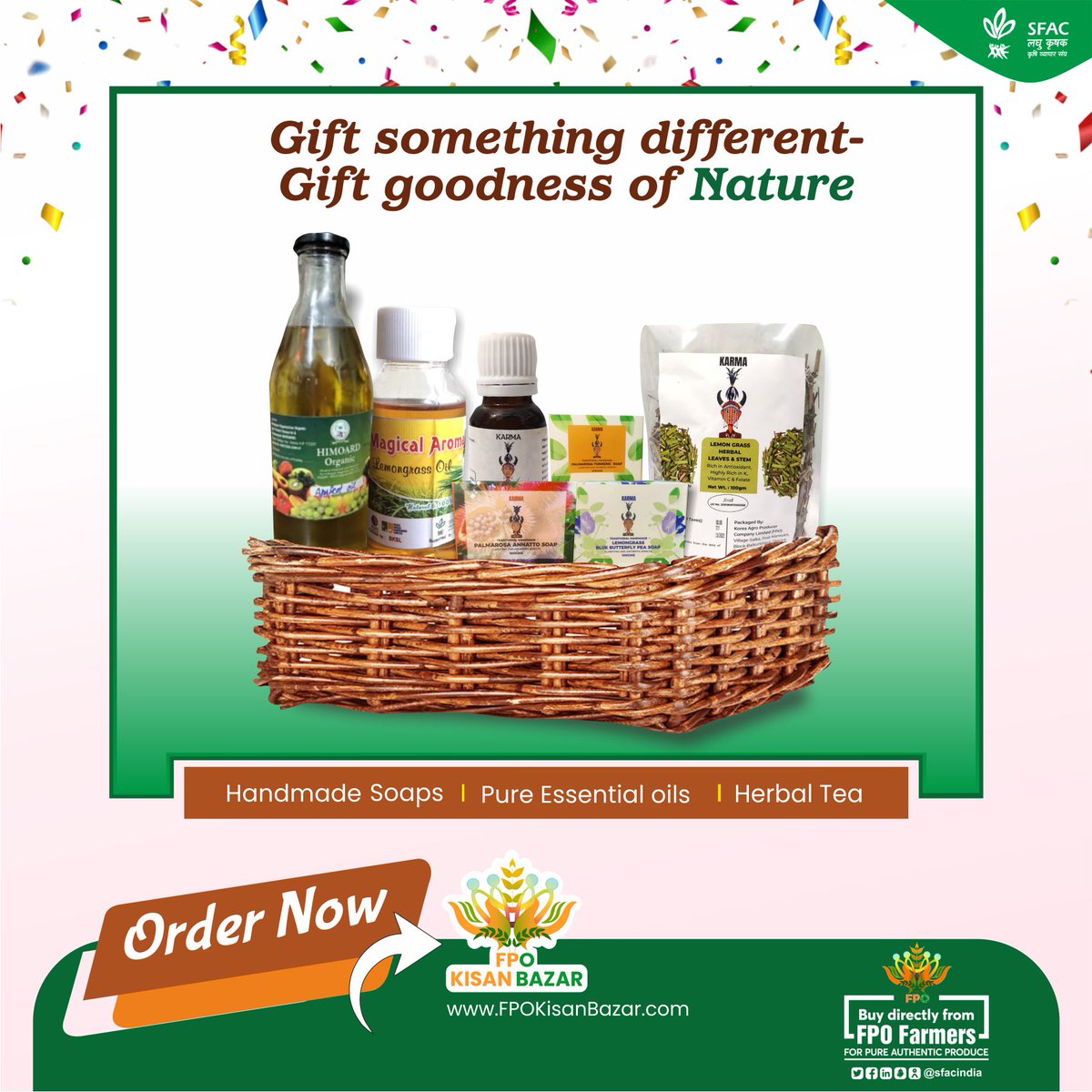 sfacindia's tweet photo. #GiftingRedefined with goodness of nature - show you care by gifting these healthy pure products made by #FPO farmers. Get them delivered to your doorstep in a click - https://t.co/gPQbID3CEk
#SFACIndia @AgriGoI @nstomar @ShobhaBJP @KailashBaytu @mygovindia @fpokisanbazar https://t.co/DFfBRxwo4N