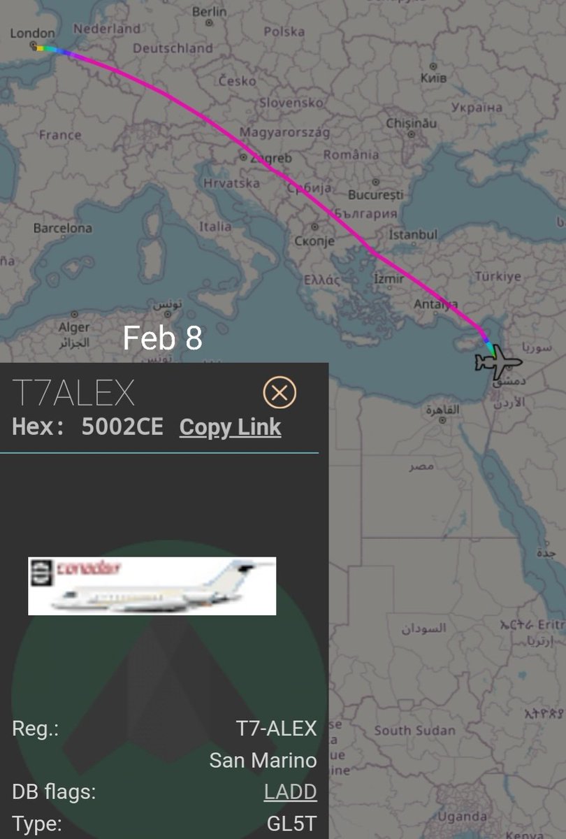 LebanonJets's tweet photo. #T7ALEX #GL5T arrived in #Beirut early this morning from #London #BigginHill (BQH) hidden on public radar but we found it! https://t.co/OmHz5UmhFk