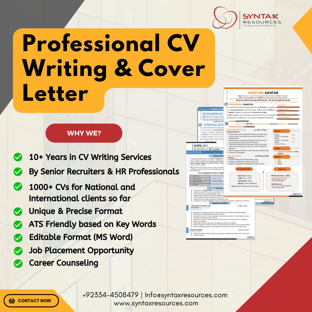 Professional CV Writing Services by Senior HR Experts and Experienced CV Writers. 

#SyntaxResources #TechJobs #Lahore #lahorejobs #softwaredevelopers #recruitment #Hiring #professionalresumewriter #ProfessionalCVWriter #Trainings #ZafarUllahZahid #HRConsulting #PDHRM
