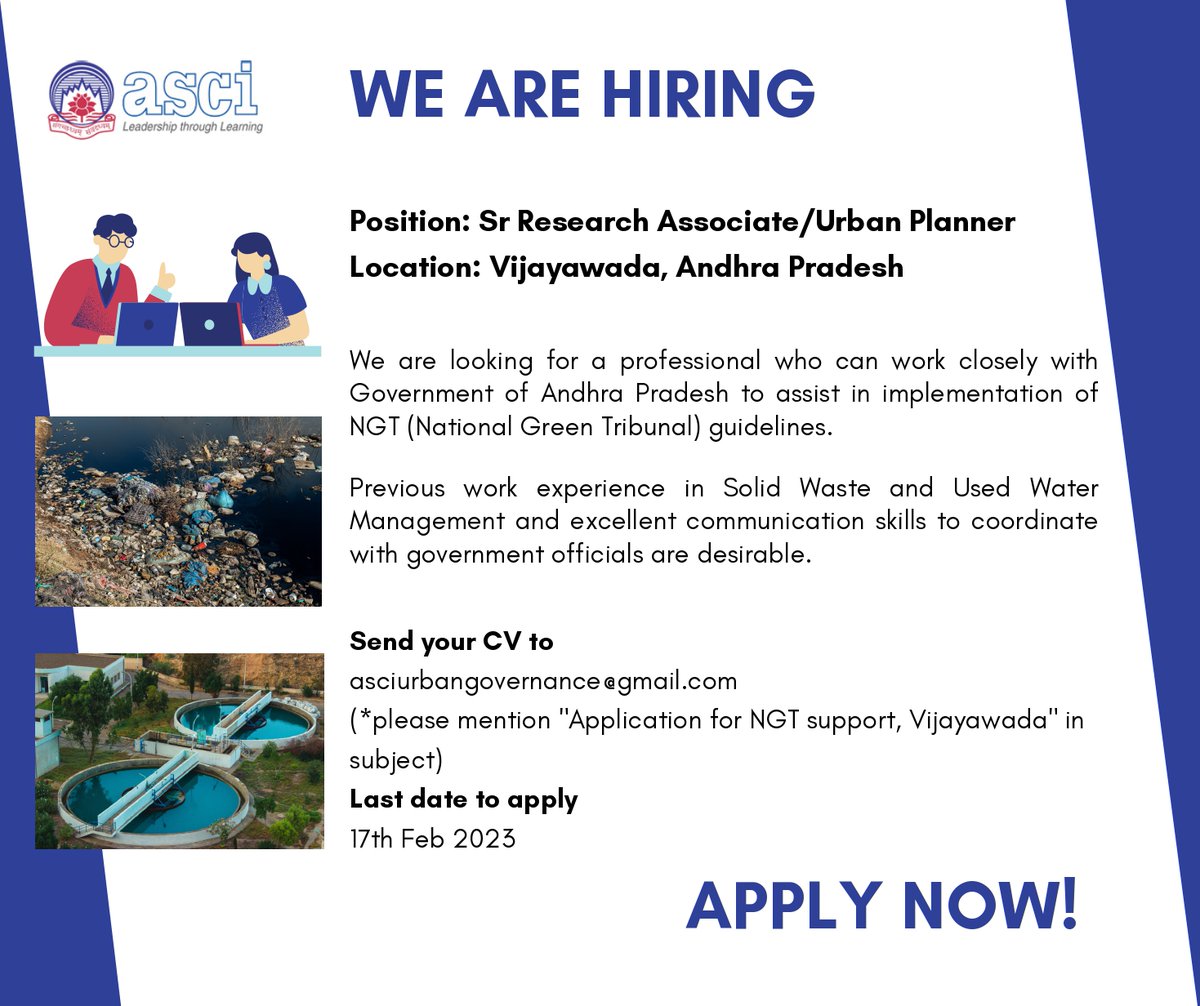 #HIRINGNOW 

Looking for an urban planner who can work closely with the Government of Andhra Pradesh. The position is based out of #Vijayawada.
APPLY NOW!

#urbanplanning #research #solidwaste #watermanagement #hiring #JobAlert #developmentsector #developmentjobs