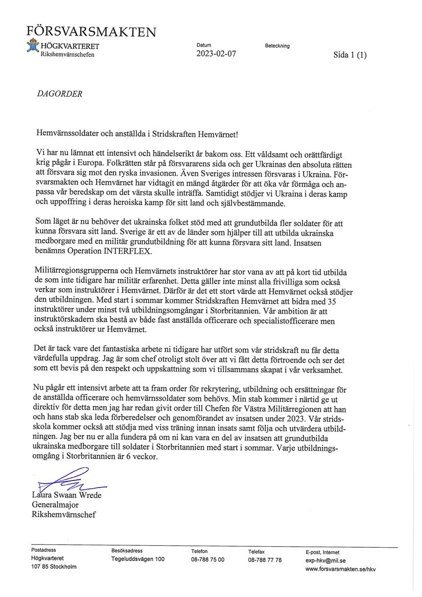 Rikshemvärnschef Laura Swaan Wrede har givit ut sin första dagorder för året. Ämne: militärregionerna och hemvärnet i Operation Interflex, militär grundutbildning för ukrainska soldater i Storbritannien. #hemvarnet