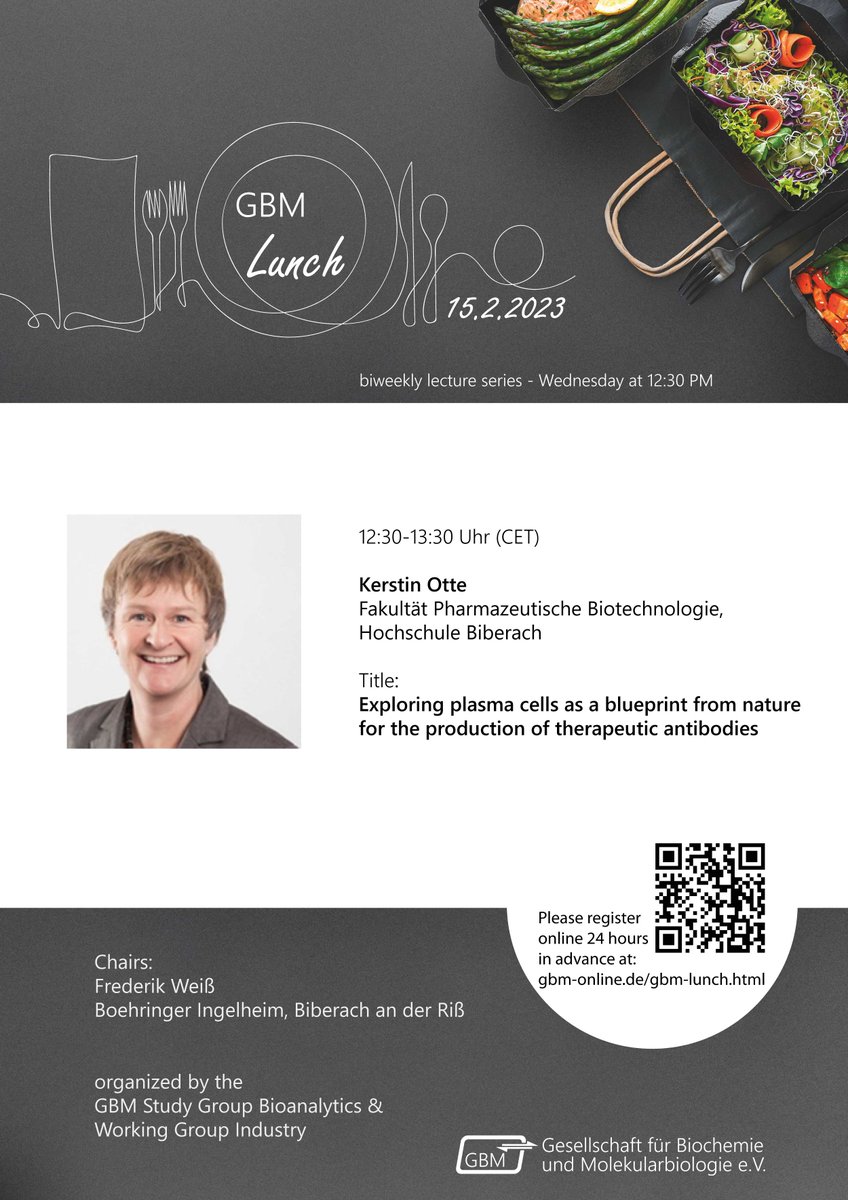 GBM_eV's tweet photo. Save the date: 61st #GBMLunch on Feb 15, Kerstin Otte @hbc_biberach on โExploring plasma cells as a blueprint from nature for the production of therapeutic antibodiesโ, organized by GBM Study Group #Bioanalytics, more information and registration at https://t.co/B3mNTQMdeY https://t.co/czOBbnxP3x