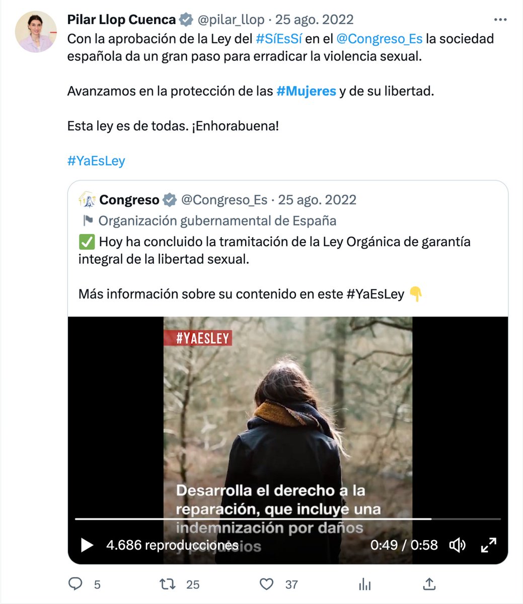 En agosto, la ministra socialista, Pilar Llop, presumía de la Ley del Sólo sí es sí: "Es de todas", decía. 

Hoy se ha bajado del Metro para escandalizarse en El País de las consecuencias y el dolor que está sembrando esta misma ley, que ella aprobó muy orgullosa. Vergüenza.