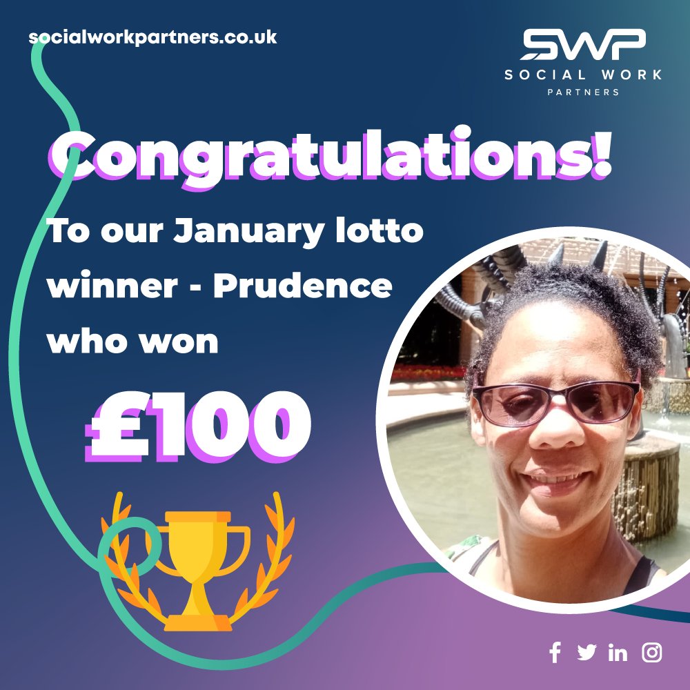 SWPartners_'s tweet image. Congratulations to January's SWP lotto winner.... Prudence!🥳

Prudence has won £100!

To find out more about our SWP Monthly Lotto... you can contact us at info@socialworkpartners.co.uk

#monthlydraw #lottery #socialcare #socialwork