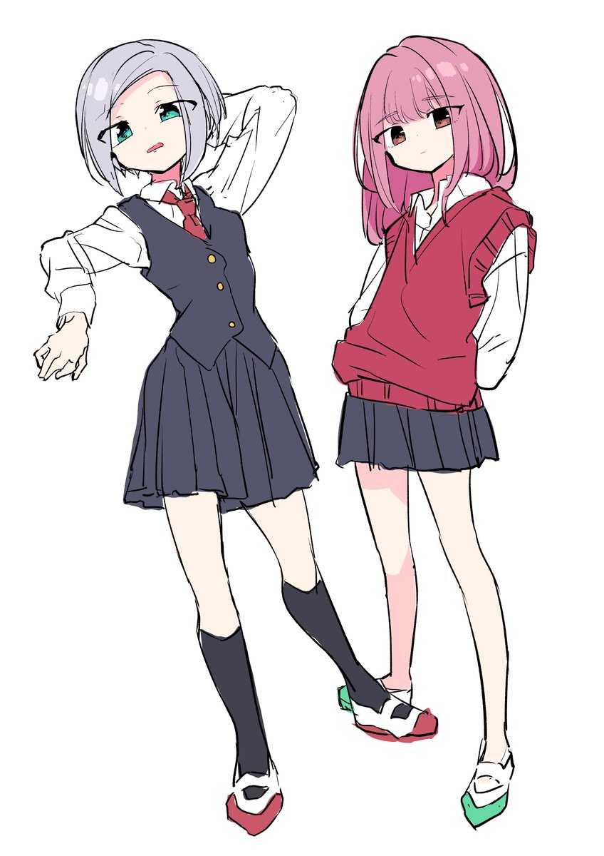 2girls multiple girls skirt pink hair socks necktie school uniform  illustration images