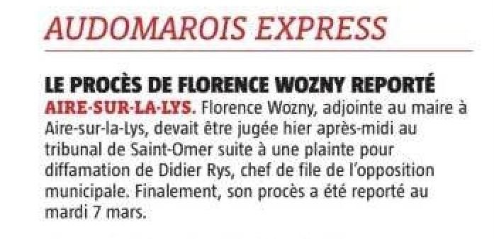 AireNouvelle1's tweet photo. REPORT !
#VDNSaintOmer , dans son édition de 8 février 2023, revient sur l'annonce du report du procès de Florence Wozny, suite à une plainte de #DidierRys pour diffamation.
Initialement prévu ce mardi 7 février, l'audience aura donc lieu le mardi 7 mars à 13 H 30. https://t.co/C4Hlm0QP3I