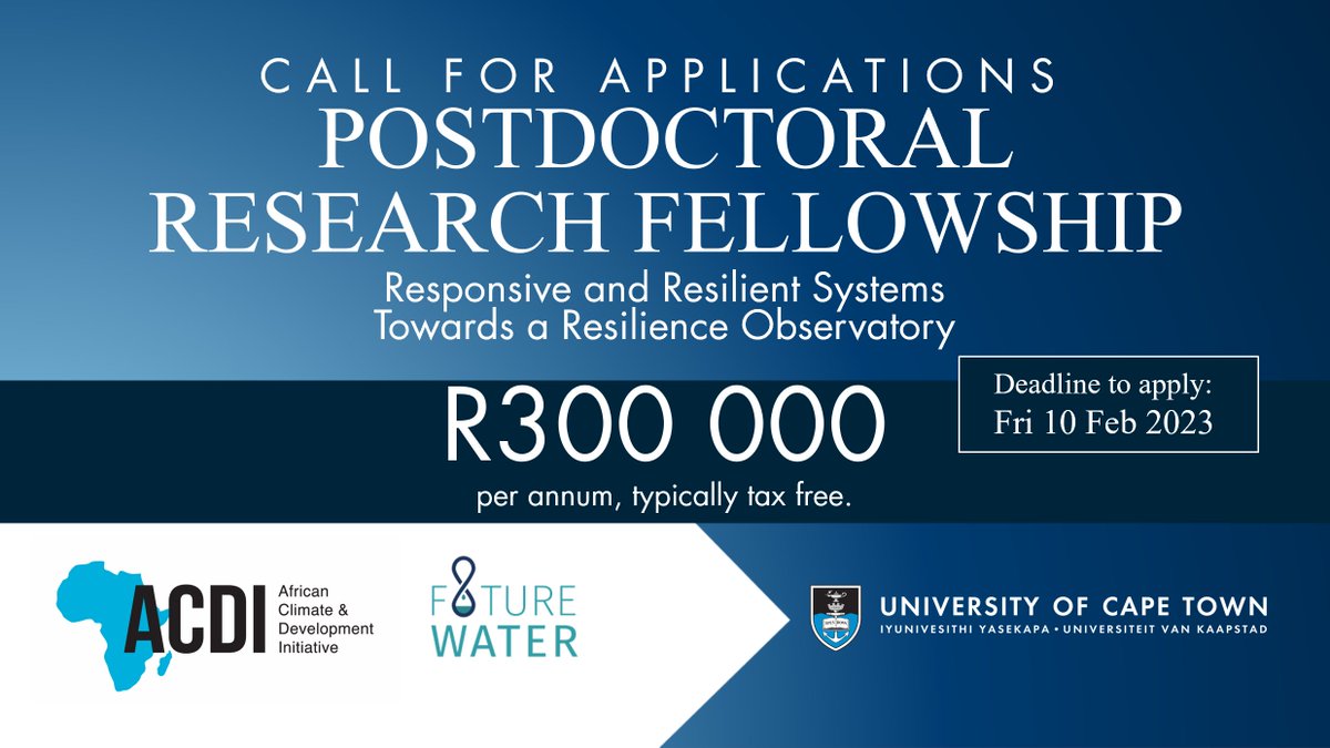 UCT Postgrad Studies (@uctpostgrads) on Twitter photo Time is running out to apply! <a href="/ACDI_UCT/">African Climate & Development Initiative</a> & <a href="/FutureWaterUCT/">FutureWater</a> are recruiting a postdoctoral research fellow. More info: bit.ly/PostdocACDI Time is running out to apply! <a href="/ACDI_UCT/">African Climate & Development Initiative</a> & <a href="/FutureWaterUCT/">FutureWater</a> are recruiting a postdoctoral research fellow. More info: bit.ly/PostdocACDI