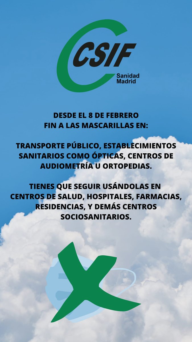 CSIF_UAMadrid's tweet photo. 🛑@CsifSaniMad recuerda que desde hoy ya no es obligatoria la mascarilla en centros sanitarios como ópticas o en los transportes públicos.
😷Pero su uso sigue siendo recomendable para personas con síntomas o vulnerables. https://t.co/QDkFy88g7Y