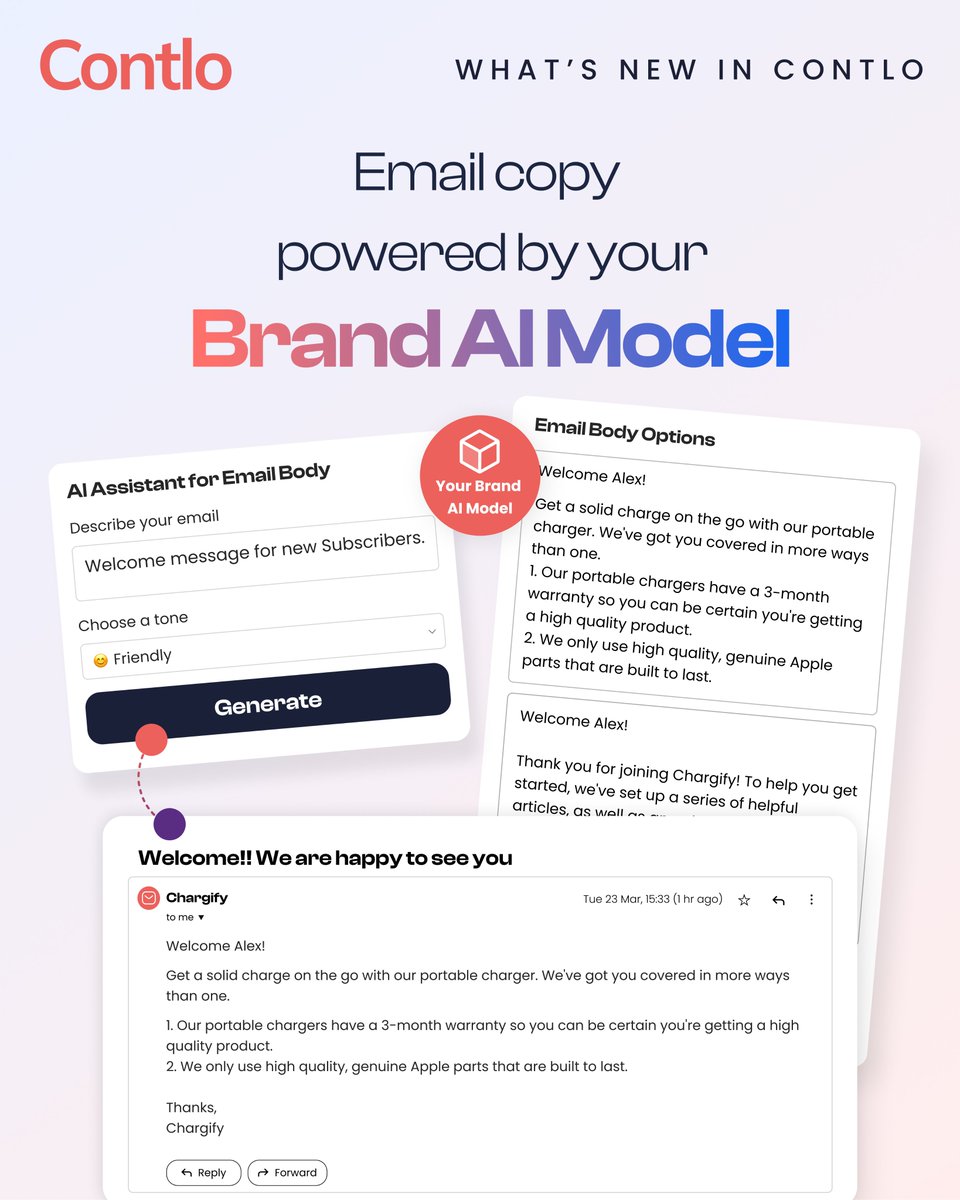 🔥Transform your eCommerce Email game through content generated using your own Brand AI Model!🔥

Introducing the all-new⚡Brand AI-Powered Email Body Generator⚡

👉 Get started now for free: contlo.com

#ai #brand #emailcopywriting #emailmarketing #GPT