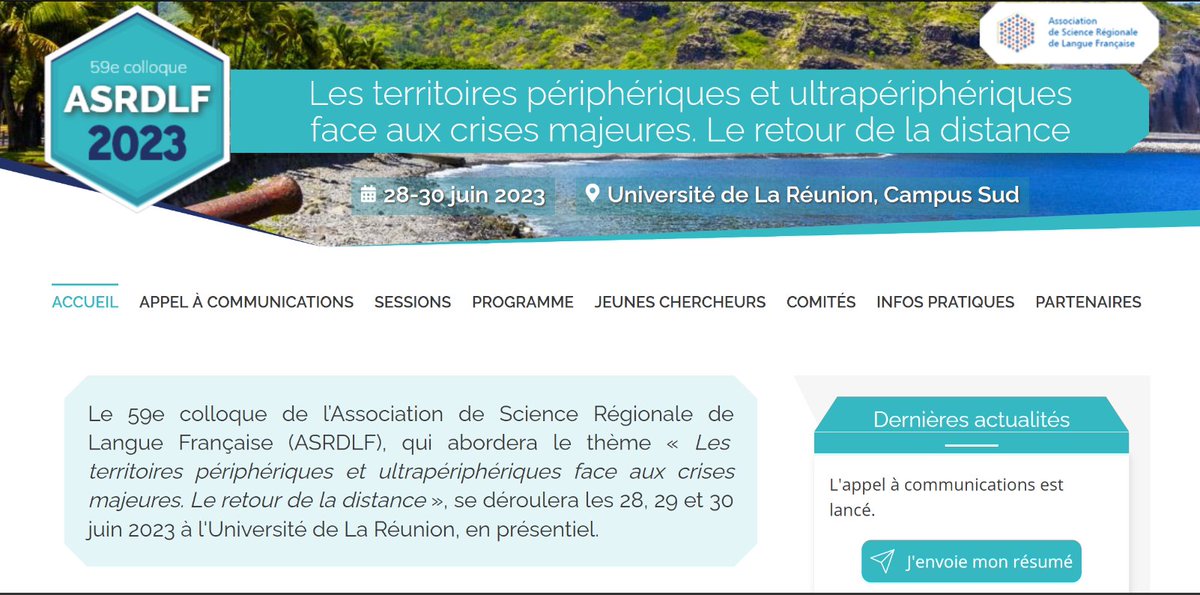 📢 Colloque 2023 <a href="/asrdlf/">AssociationScienceRégionale_ASRDLF</a>, soumettez vos propositions asrdlf2023.org🌍 à l'Université de La Réunion
Tarif spécial avec Air Austral pour s'y rendre ! 
🎙️Conférences plénières : Rosella Nicolini <a href="/ERSA_org/">ERSA</a> , Anthony Venables &amp; Yannick L’Horty