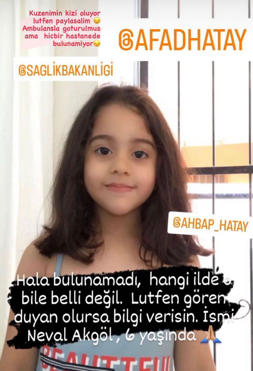 elimdetuzluk's tweet photo. Daha önce de RT’lemiştim, bulundu denilmişti ancak isim karışıklığı olabilir. #NevalAkgöl 

Yakınlarının mesajı:

“Halen çocuğumuz kayıp, anne babası hayatta ama babası ağır yaralı, hastanede şu anda. Ulaşılması gereken numara babanın kuzeni Emre Güdemezoğlu: 0532 584 92 40” https://t.co/na8dKq5jfV