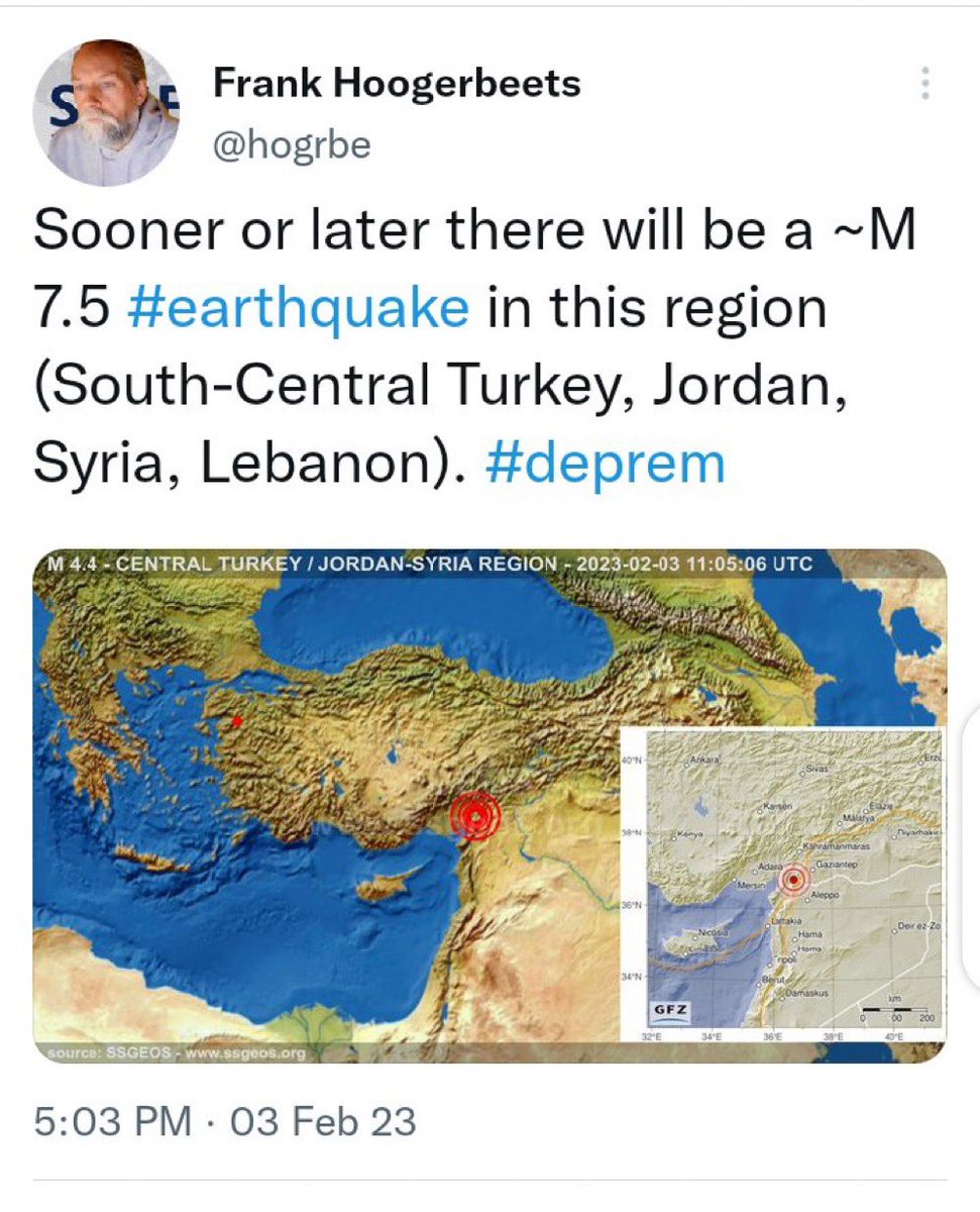 A researcher namd Frank Hogerbeets had predicted a major disaster of earthquake three days before this disaster by mentioning the names of countries Turkey, Syria, Lebanon and Jordan
The whole world is shocked by his prediction
#earthquake
#Frank_Hoogerbeets
#Turkey <a href="/ImranKhanPTI/">Imran Khan</a>