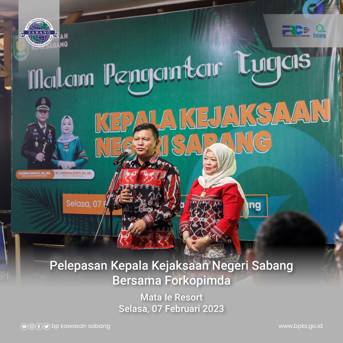 bpksgoid's tweet photo. Kepala Unit PTSP BPKS Hendra Setiawan, S.H menghadiri resepsi lepas sambut Kejari Sabang yang dilaksanakan di Mata Ie Resort, Selasa (07/02/23).

@NeidiAli @rezalevi2011 

#SahabatKawasan
#energikolaborasi 
#bpkawasansabang
#PRCreativebpks https://t.co/agOIJy7ben