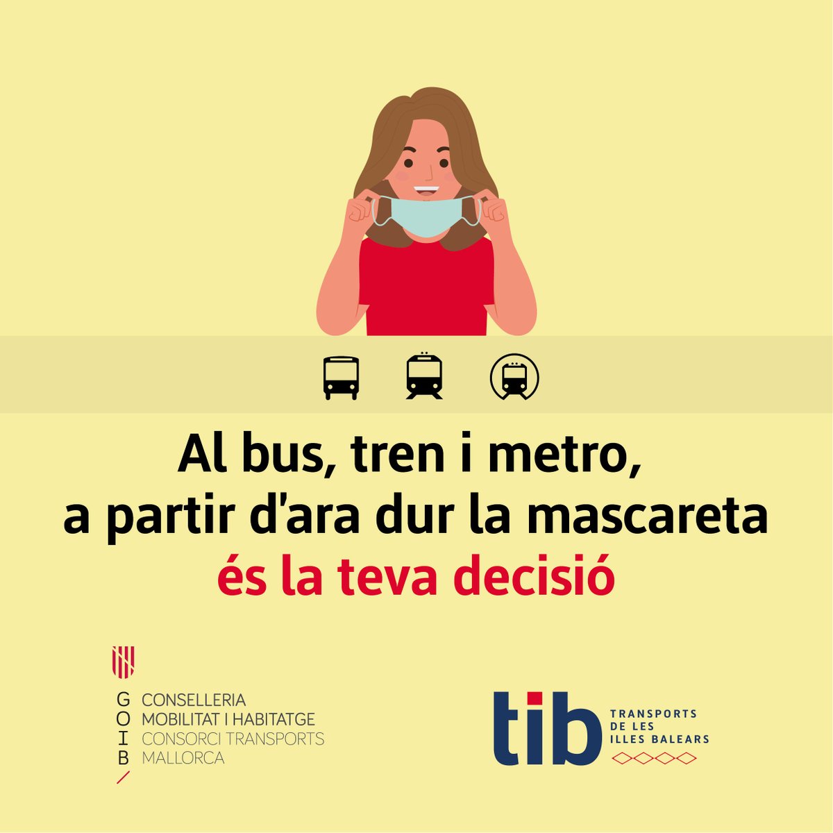 TIB_Mallorca's tweet photo. 📢 A partir d'avui deixa de ser obligatori l'ús de la mascareta al transport públic. https://t.co/OCPzvm5pLX