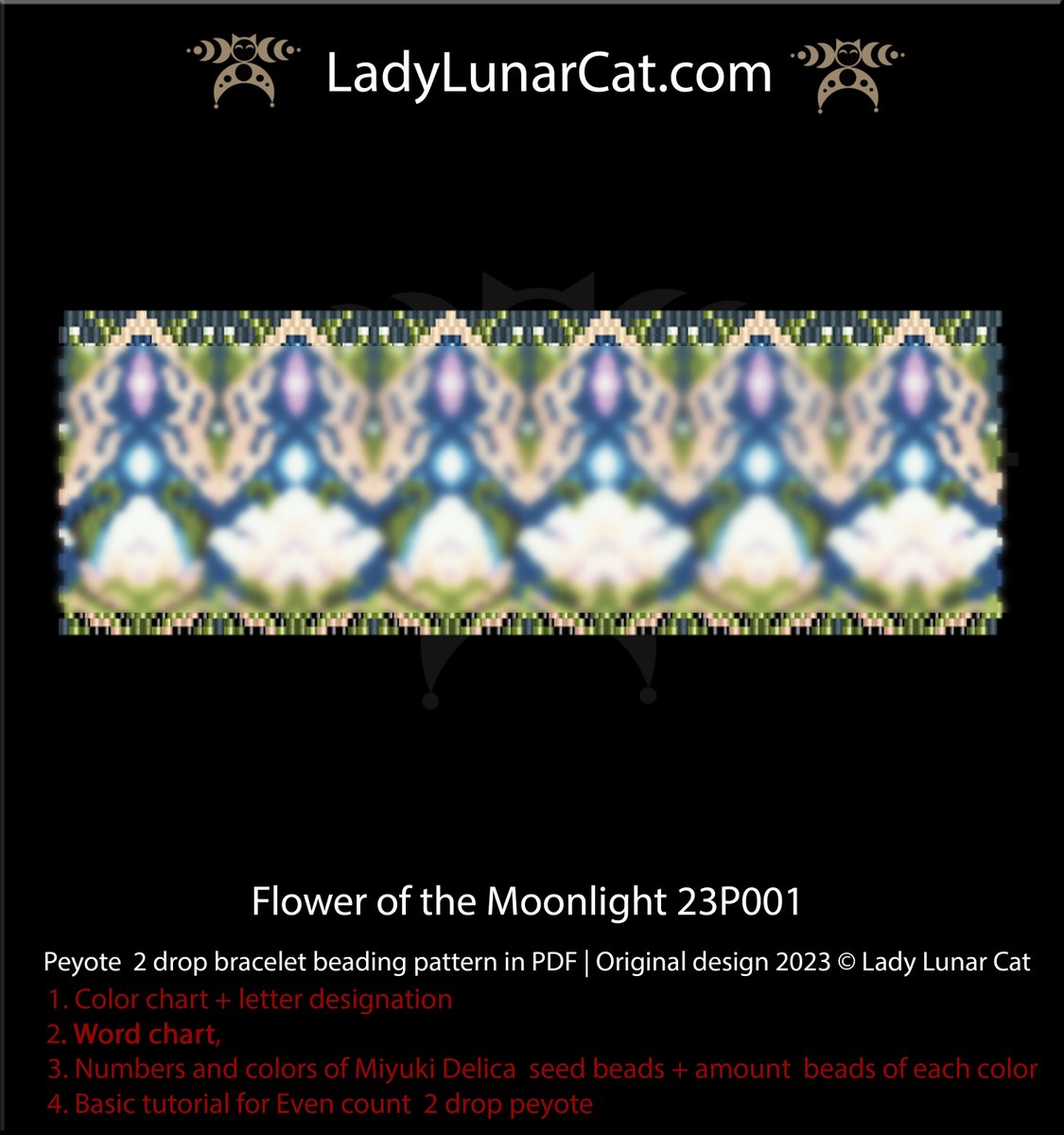 Peyote 2drop bracelet pattern for beading Flower of the Moonlight 23P001
#beadwork #beading #beadweaving #SeedBeads #peyote #Beaded #ビーズ編み #ビーズステッチ #비즈공예 #jewelrytrends   #bracelet  #ビーズ #BeadingTutorials #SpringFestival 
🌙🐾🐾🌷🌷🌷🌿
ladylunarcat.com/products/peyot…
