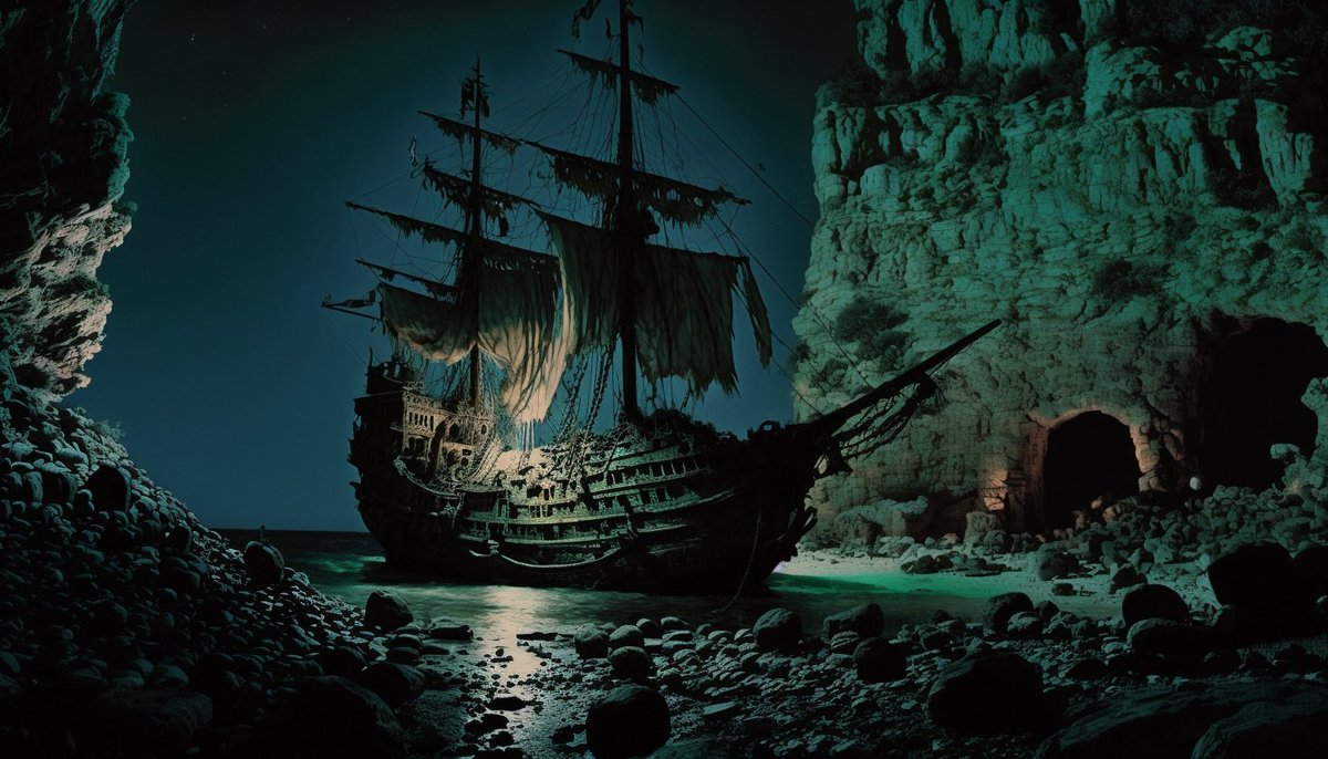 skirano's tweet photo. Finally, I figured out how to produce incredible cinematic shots in #midjourneyV4. The new ability to use a 16:9 ratio helps a lot too. Here's a pirate adventure, but directed by Sergio Leone. https://t.co/wMqfHJWw1o