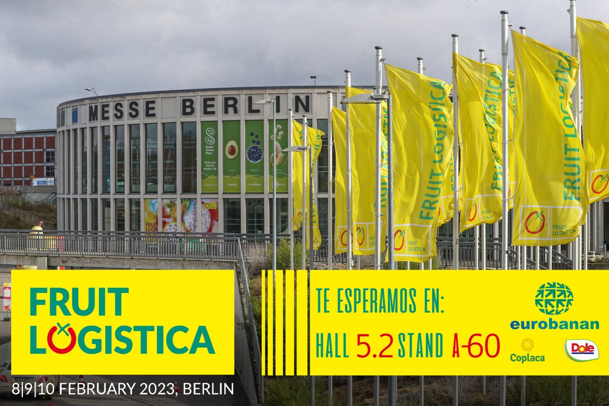 Eurobanan's tweet photo. El personal de Eurobanan participa un año más en la #Feria @FruitLogisticaE que se celebra desde hoy, hasta el viernes en @MesseBerlin Acércate a conocer nuestro equipo al Hall 5.2 Stand A-60 (Dentro del stand DOLE) Te esperamos. #Frutas #Verdfuras #Agrocomercio #agrobusiness https://t.co/tMA0QE7XDu
