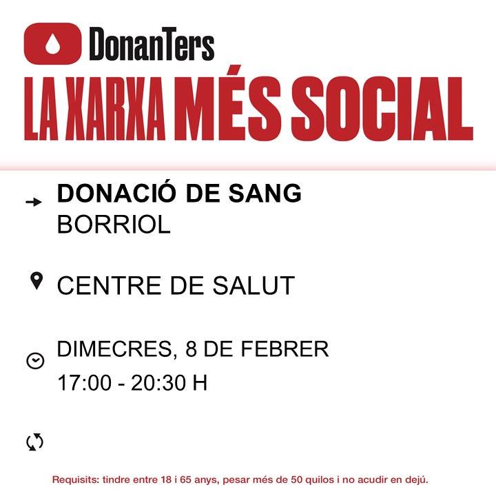 GVAdonasang's tweet photo. Dona sang a #Borriol
📅dimecres #8febrer
Donar sang de forma regular garanteix la disponibilitat de components sanguinis als hospitals.
✔️👉Si tens entre més de 18 anys i peses més de 50 quilos pots de un dels 650 donants que hui necessitem per a #SalvarVides. https://t.co/EGYYWmmRO4