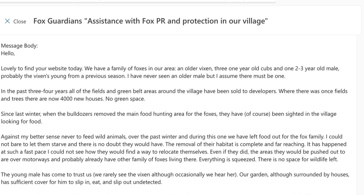 This email touched me deeply: We destroy wildlife habitats and then complain when foxes start to frequent our gardens. Things could be so different if humans finally embraced the concept of coexistence with other species. This is not just our planet. 🦊 1/2