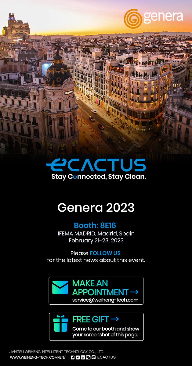 Join eCactus at Booth 8E16 at Genera from 21 to 23 February, in Madrid, Spain. 
Just make an appointment now and follow us for the latest news. Come and show your screenshot of this page before you get some surprise gift from our booth!
#EACTUS #Genera