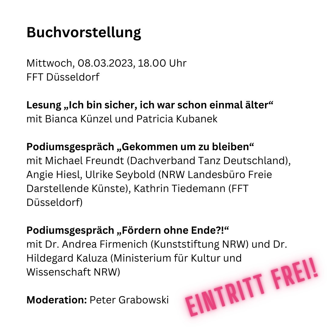 Einladung zur #Buchvorstellung: „WAR SCHÖN. KANN WEG ... Alter(n) in der Darstellenden Kunst“ (<a href="/theaterderzeit/">Theater der Zeit</a>) hrsg. v. Angie Hiesl + Roland Kaiser zusammen mit Almuth Fricke (<a href="/kubia_nrw/">kubia</a>) am 8.3. im @fftduesseldorf. #Alter #Booklaunch #Kunst #Kultur  #DarstellendeKuenste