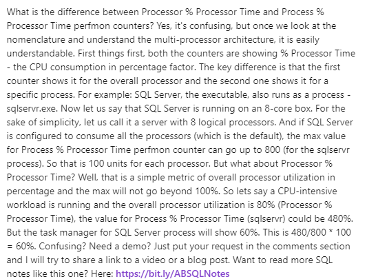A_Bansal's tweet photo. SQL Server Notes by AB  | Note #21 | Processor % Processor Time vs Process % Processor Time | 08 February, 2023 | #ABSQLNotes

Want more notes? Here: https://t.co/nPZ1oEwqZ4 https://t.co/zFyBxUzS9D