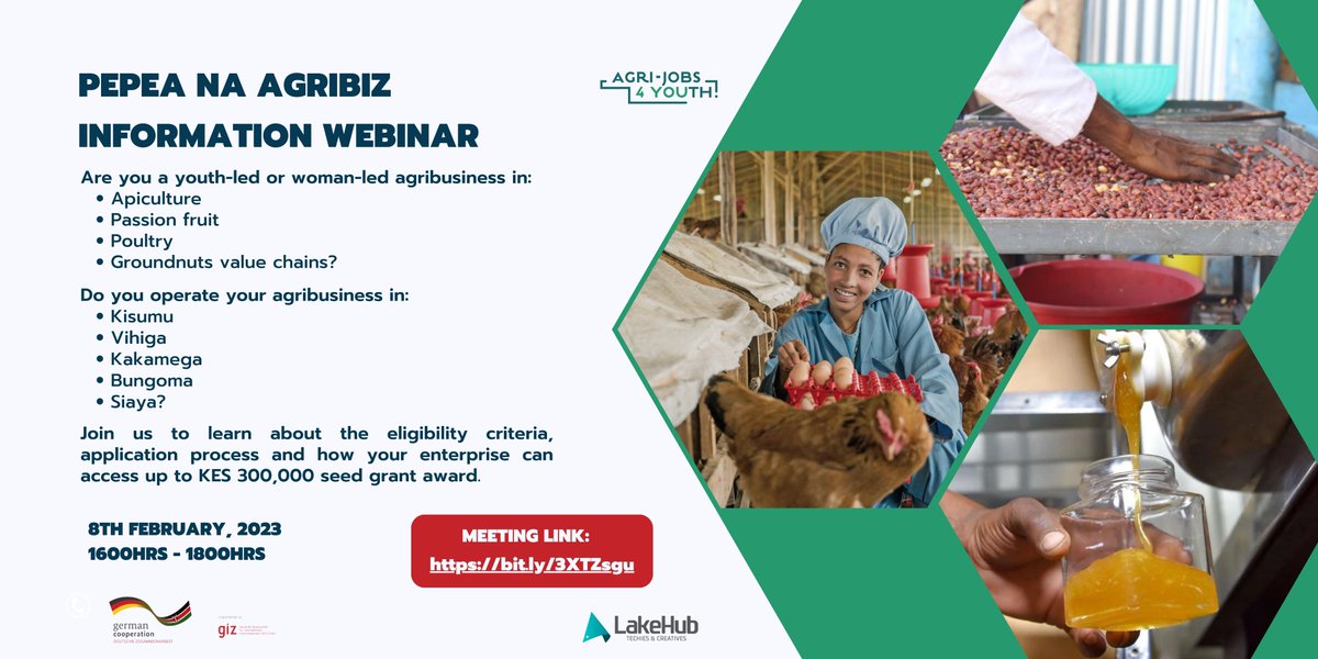 LakeHub's tweet photo. #PepeaNaAgribusiness Webinar!
Register for your last minute spot using the link below:
 https://t.co/0Bw6gNbli3

Are you in #agribusiness? Join us today at 4.00 PM to learn how you can apply for this exciting program &amp; how your enterprise stand to benefit up to KES 300,000 grant https://t.co/xLwJNtRBpq
