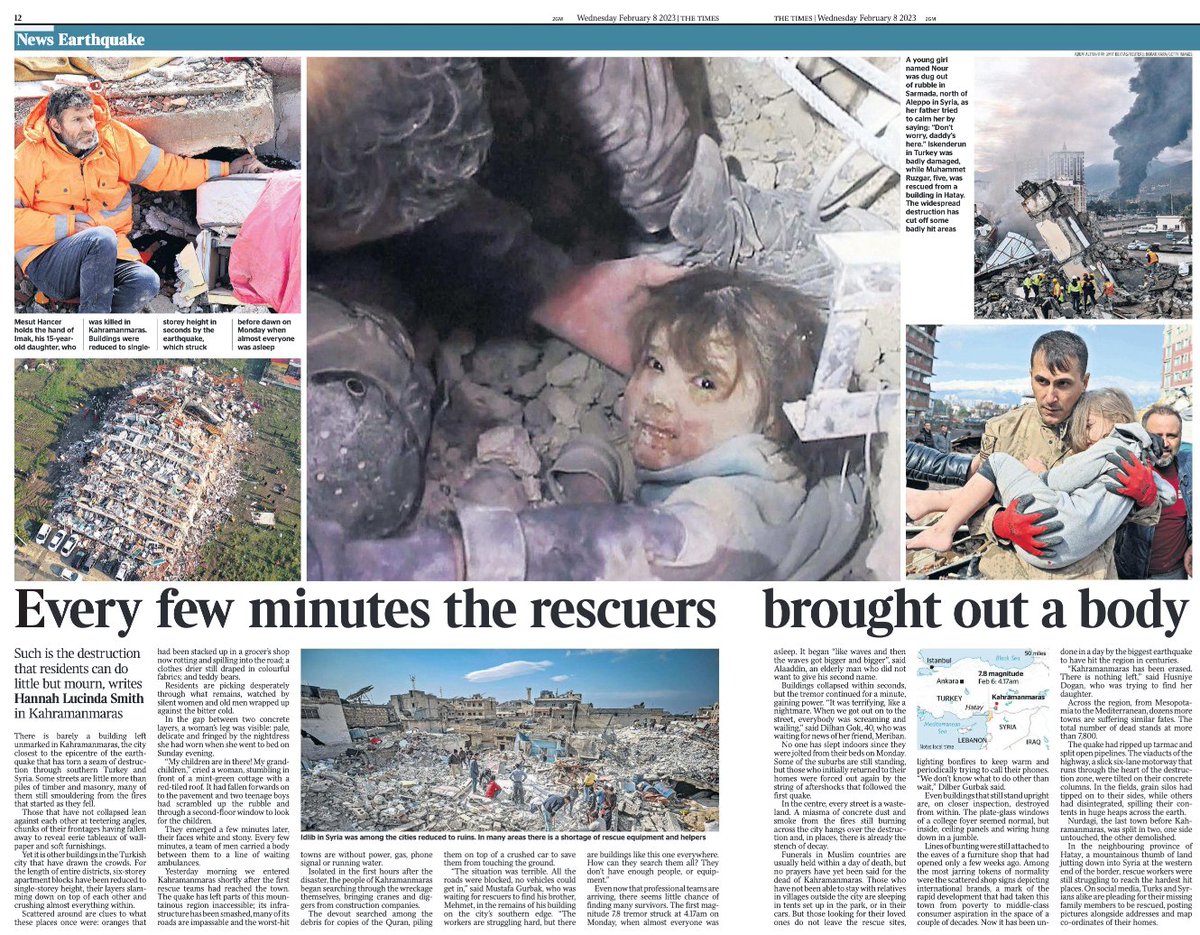 suleymanirvan's tweet photo. İngiliz The Times gazetesi bugünkü manşetini Kahramanmaraş depremindeki kurtarma çalışmalarına ayırmış. Gazeteci Hannah Lucinda Smith @hannahluci ve fotomuhabiri Bradley Secker @bradleysecker Kahramanmaraş'tan bildiriyor. https://t.co/8UPO25pbmJ