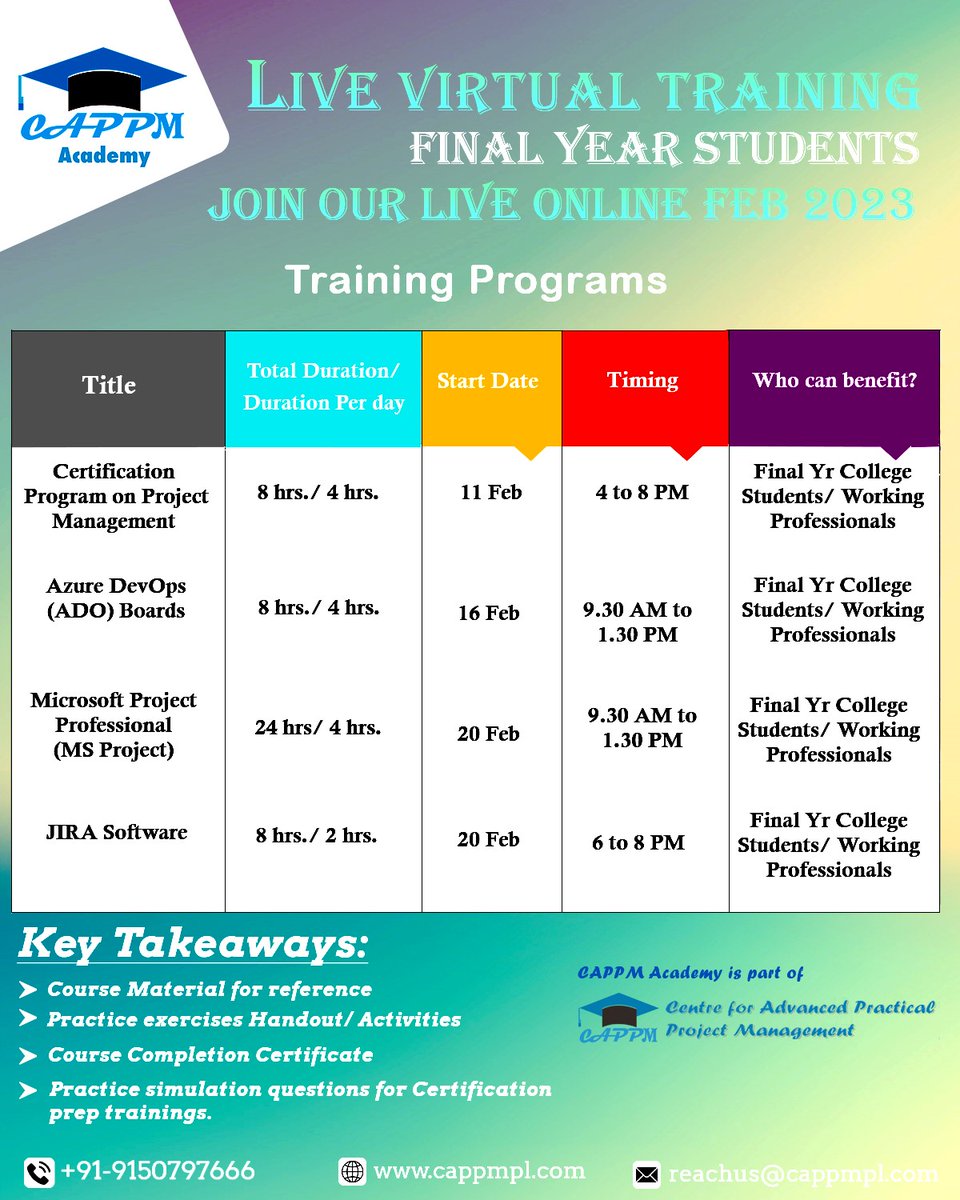cappmpl's tweet photo. List of #trainings in Feb'23 for #finalyearcollege #students &amp; #freshers. Check and #register. Details: https://t.co/ErcdM48oMw

#Learning #Learning_Development #projectmanagement #agile #msp #msproject #Jira #ado #azuredevops #colleges #pmp #PMP_Certification_Prep https://t.co/jOMy9G2B41